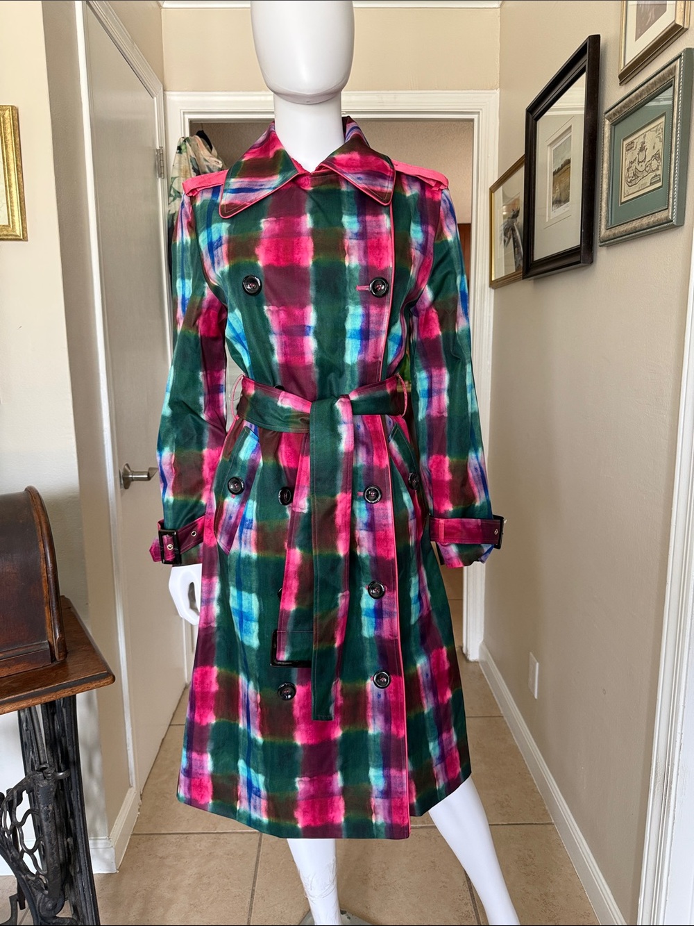 Isaac Mizrahi New York trench coat in vibrant, watercolor-inspired tartan plaid